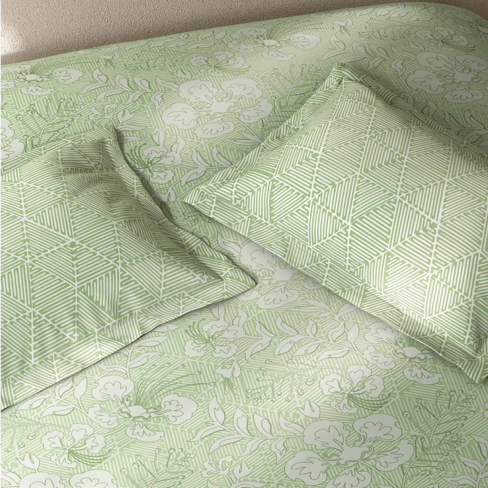 Spaces Fiora 100% Cotton 144 TC Percale Fioral Large Bedsheet with 2 Pillow Covers - 274 x 274 cm, Light Green