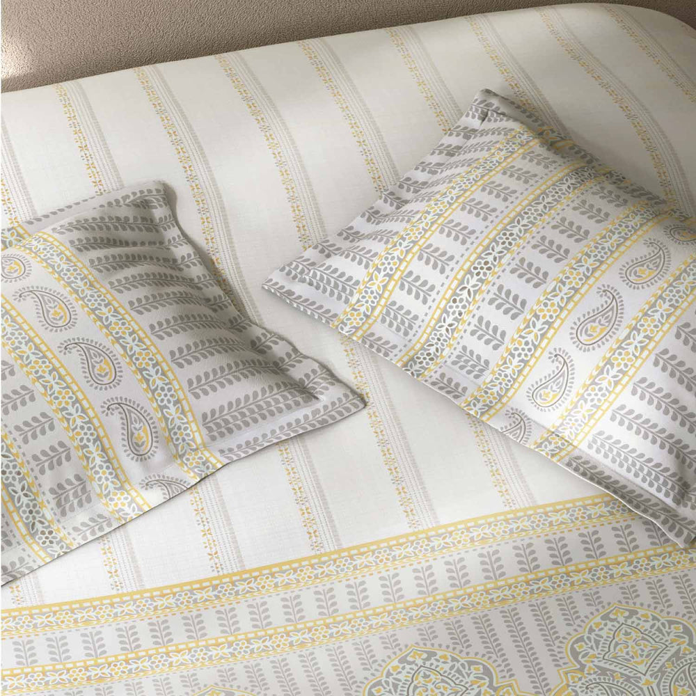 Spaces Fiora 100% Cotton 144 TC Percale Ornate Large Bedsheet with 2 Pillow Covers - 274 x 274 cm, Light Grey