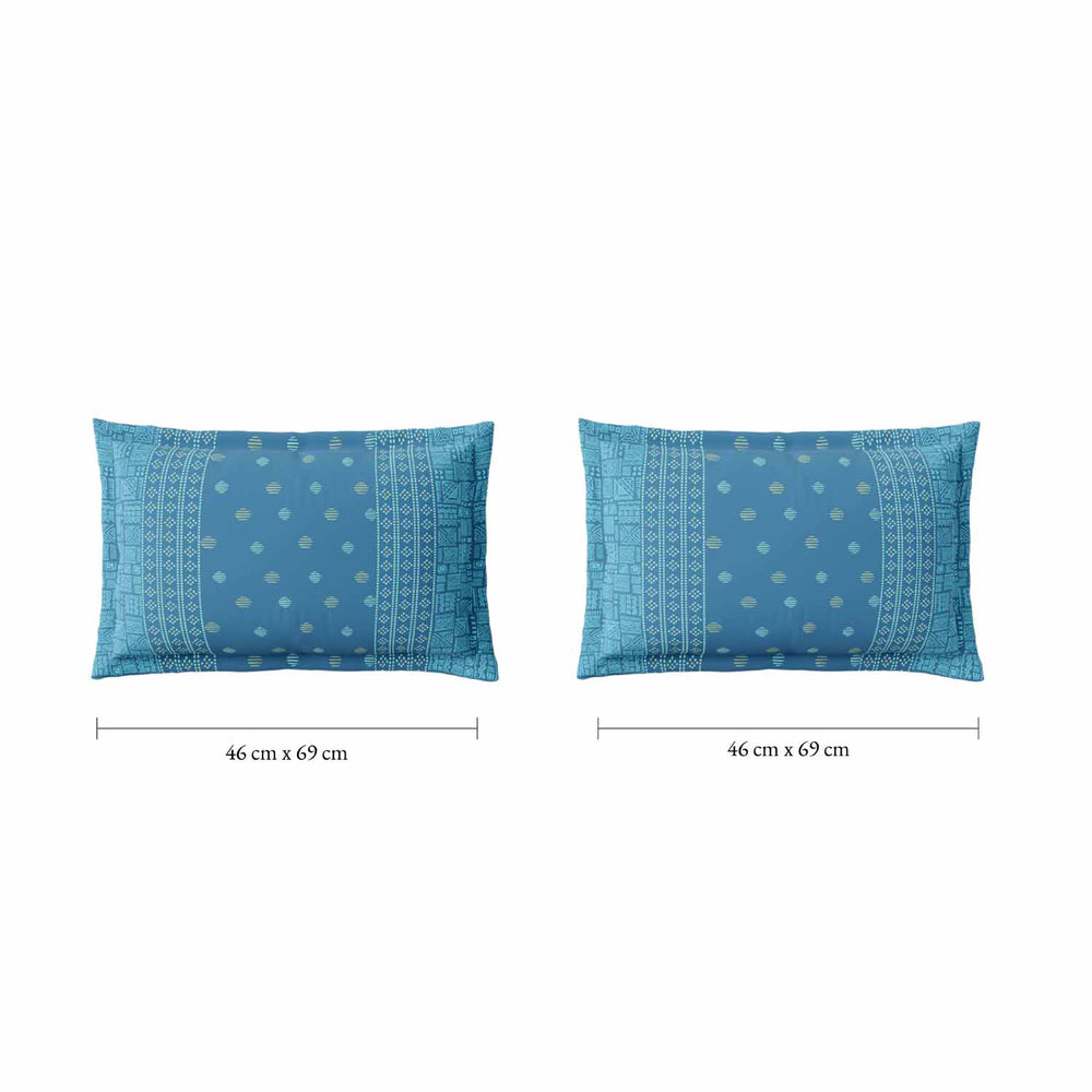 Spaces Fiora 100% Cotton 144 TC Percale Ornate Large Bedsheet with 2 Pillow Covers - 274 x 274 cm, Blue