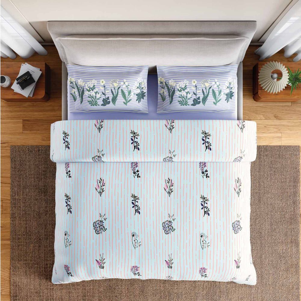Spaces Fiora 100% Cotton 144 TC Percale Fioral Double Bedsheet with 2 Pillow Covers - 228 x 274 cm, Light Blue