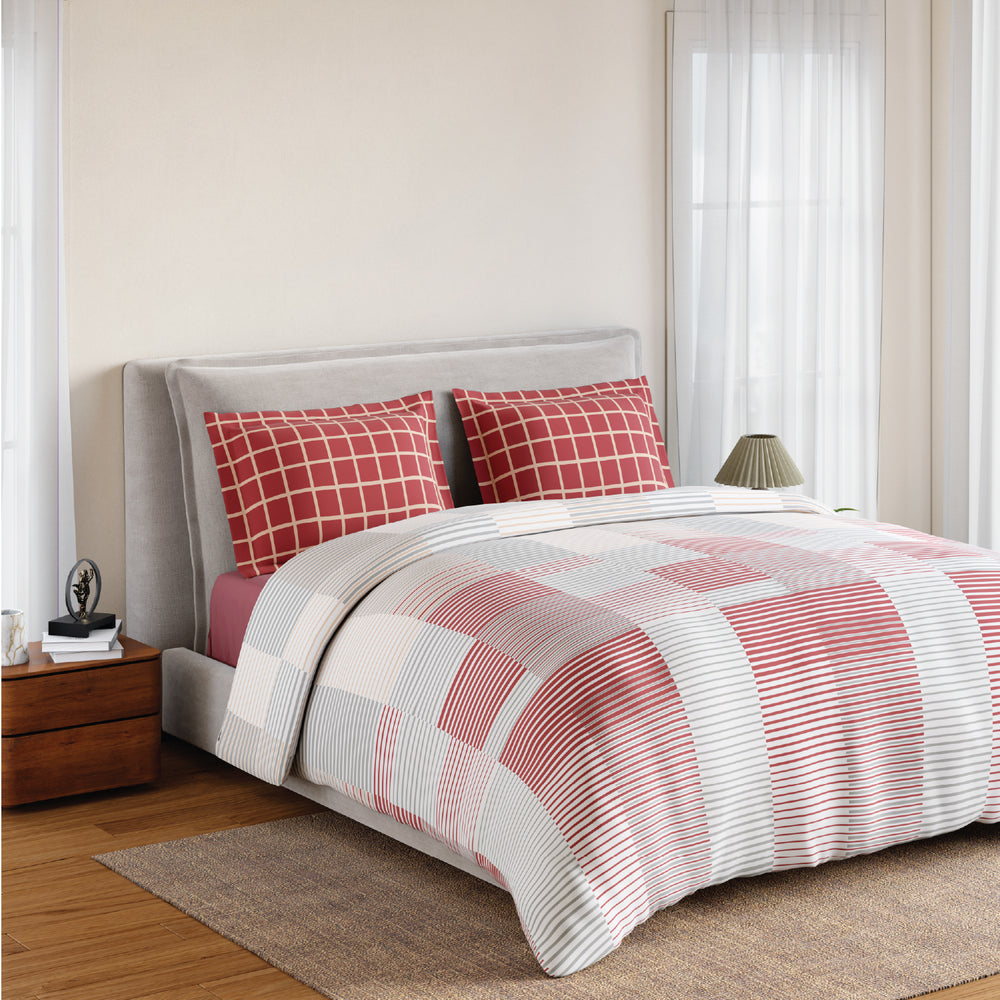 Spaces Fiora 100% Cotton 144 TC Percale Geometric Double Bedsheet with 2 Pillow Covers - 228 x 274 cm, Dark Pink
