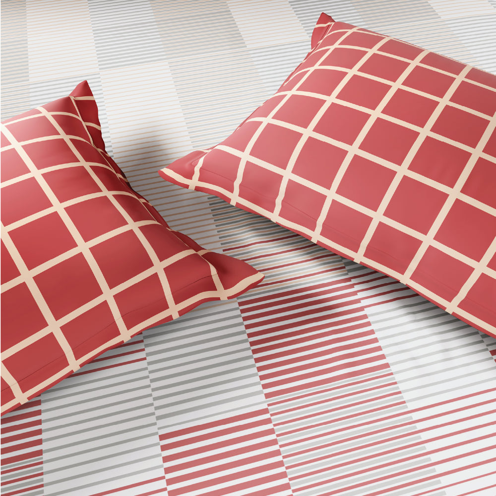 Spaces Fiora 100% Cotton 144 TC Percale Geometric Double Bedsheet with 2 Pillow Covers - 228 x 274 cm, Dark Pink