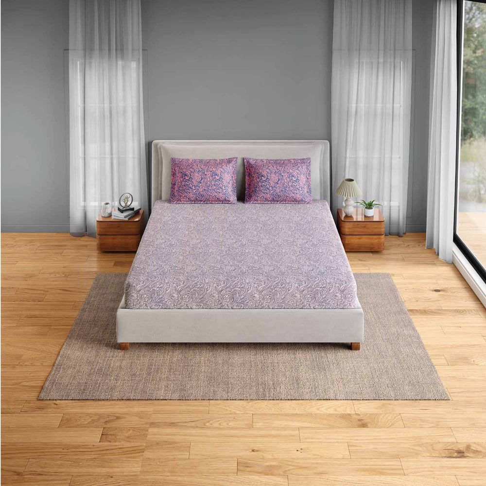 Spaces Fiora 100% Cotton 144 TC Percale Fioral Double Bedsheet with 2 Pillow Covers - 228 x 274 cm, Light Violet
