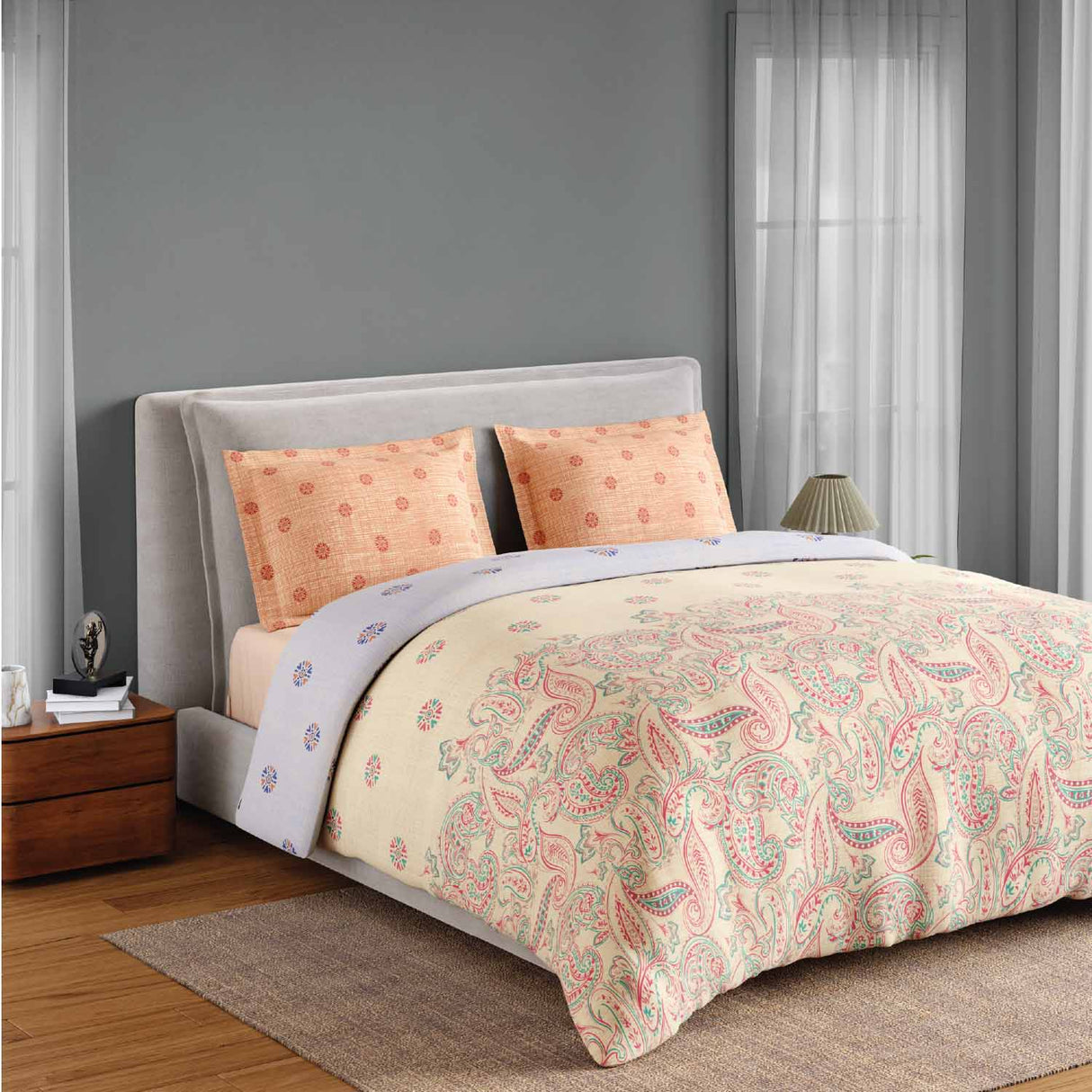 Spaces Fiora 100% Cotton 144 TC Percale Ornate Double Bedsheet with 2 Pillow Covers -  228 x 274 cm, Light Yellow