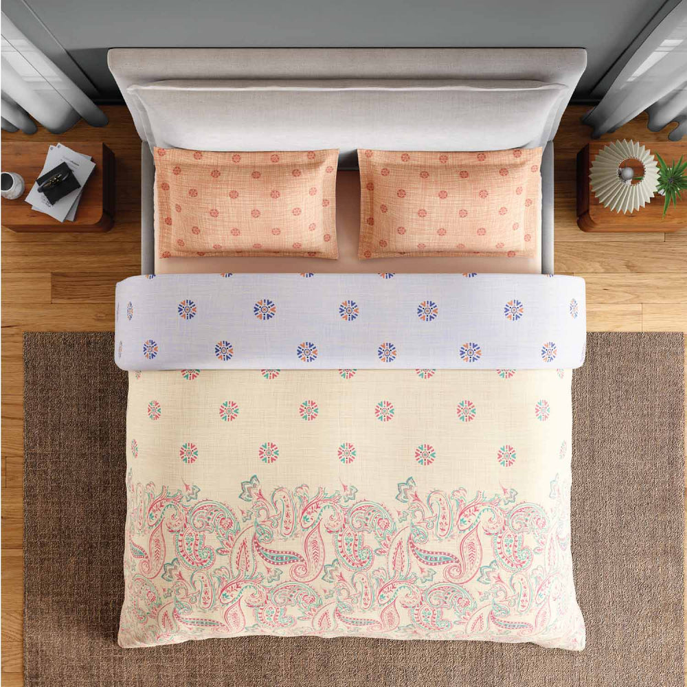 Spaces Fiora 100% Cotton 144 TC Percale Ornate Double Bedsheet with 2 Pillow Covers -  228 x 274 cm, Light Yellow