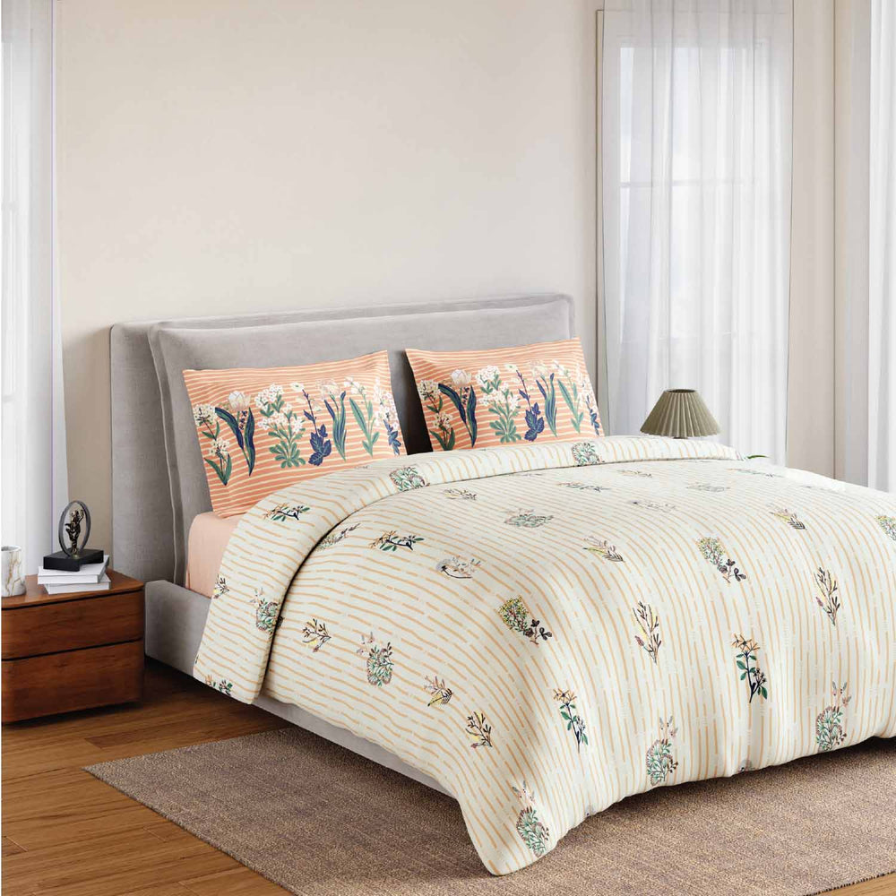 Spaces Fiora 100% Cotton 144 TC Percale Fioral Double Bedsheet with 2 Pillow Covers - 228 x 274 cm, Beige