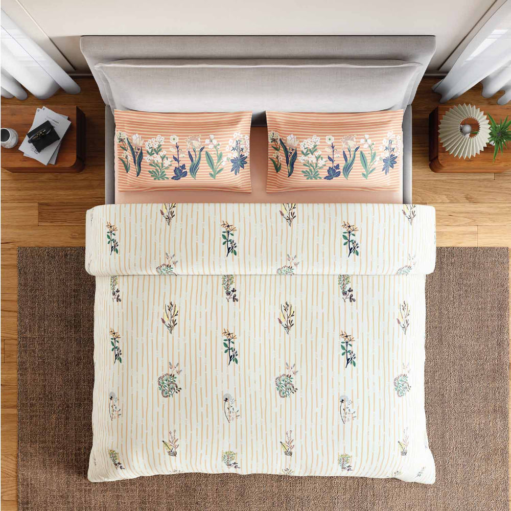 Spaces Fiora 100% Cotton 144 TC Percale Fioral Double Bedsheet with 2 Pillow Covers - 228 x 274 cm, Beige