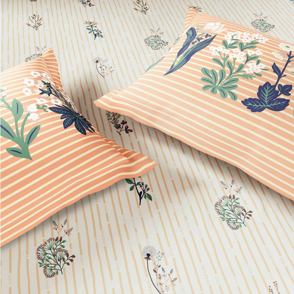 Spaces Fiora 100% Cotton 144 TC Percale Fioral Double Bedsheet with 2 Pillow Covers - 228 x 274 cm, Beige
