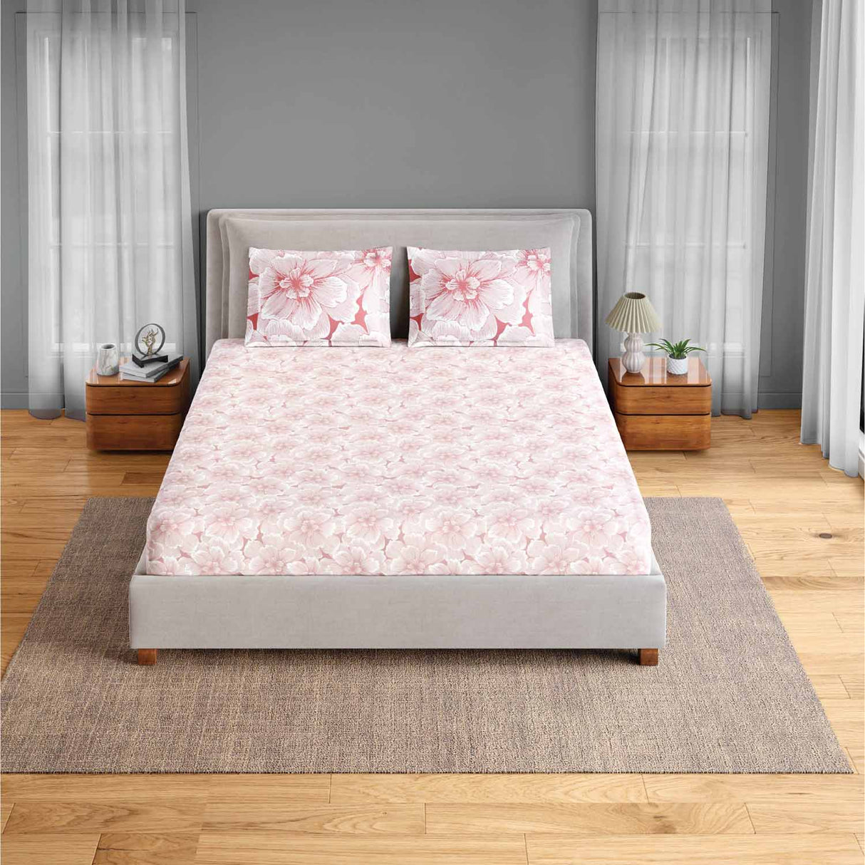 Spaces Fiora 100% Cotton 144 TC Percale Fioral Double Bedsheet with 2 Pillow Covers - 228 x 274 cm, Blush