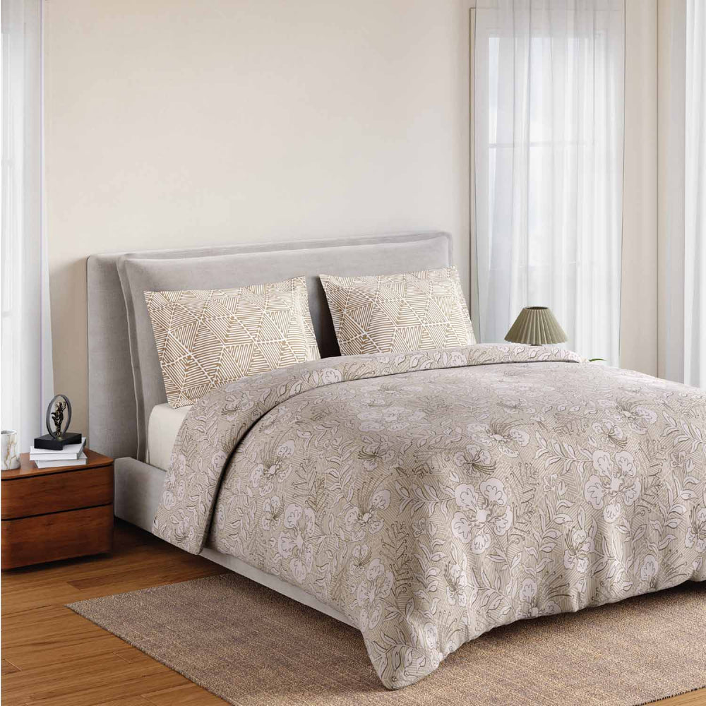 Spaces Fiora 100% Cotton 144 TC Percale Fioral Double Bedsheet with 2 Pillow Covers - 228 x 274 cm, Beige