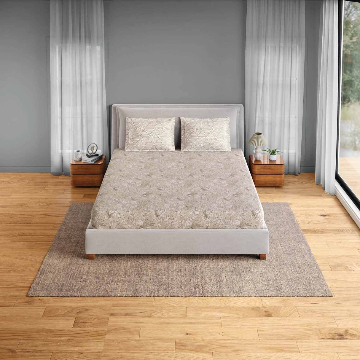 Spaces Fiora 100% Cotton 144 TC Percale Fioral Double Bedsheet with 2 Pillow Covers - 228 x 274 cm, Beige