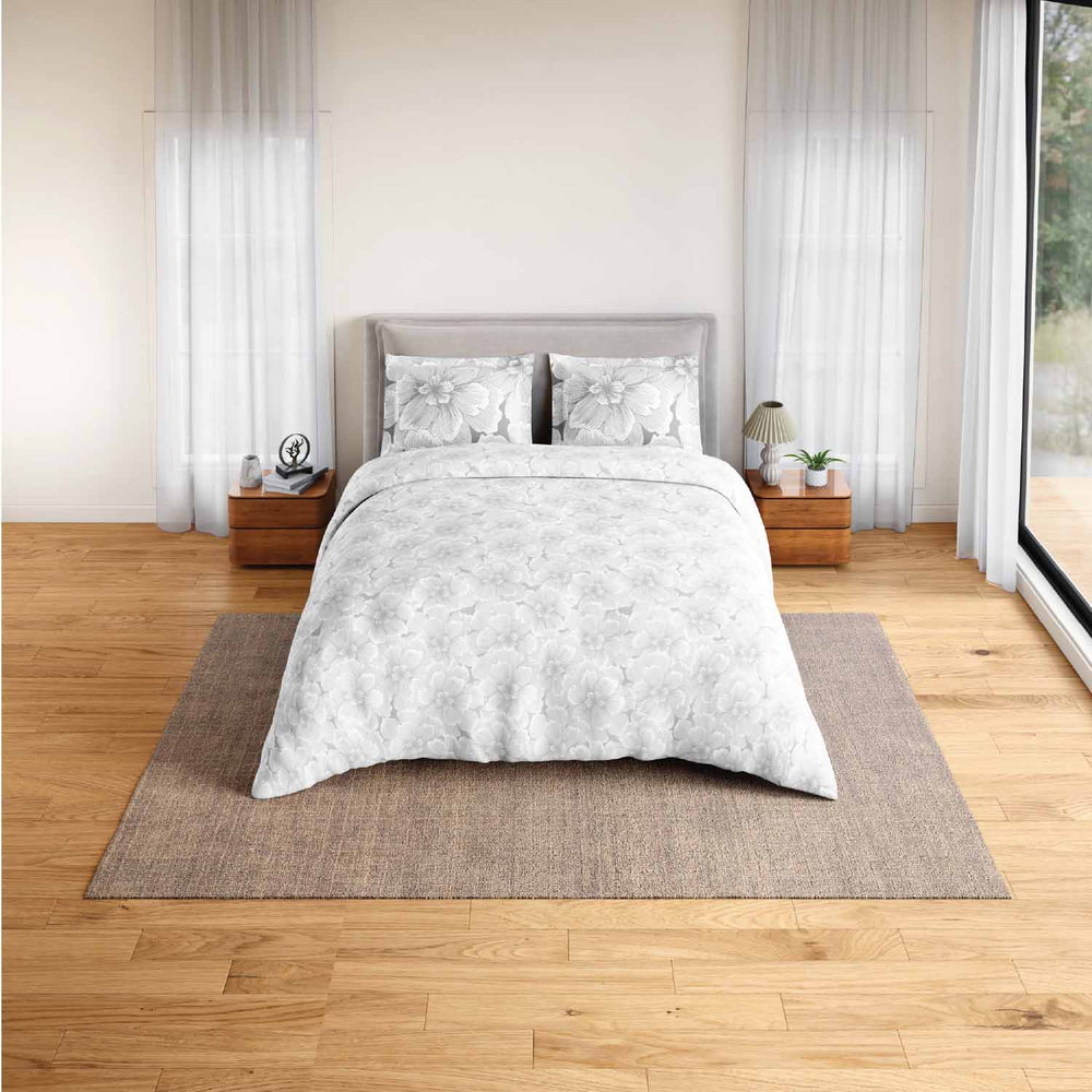 Spaces Fiora 100% Cotton 144 TC Percale Fioral Double Bedsheet with 2 Pillow Covers - 228 x 274 cm, Light Grey