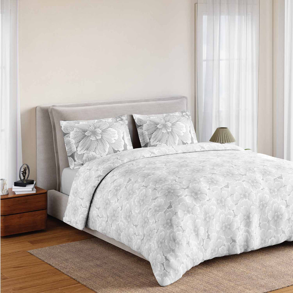 Spaces Fiora 100% Cotton 144 TC Percale Fioral Double Bedsheet with 2 Pillow Covers - 228 x 274 cm, Light Grey