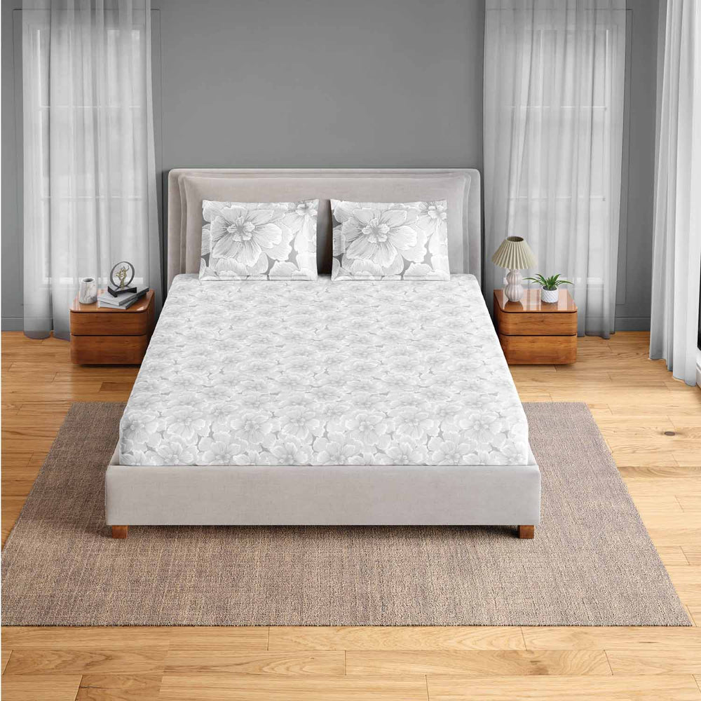 Spaces Fiora 100% Cotton 144 TC Percale Fioral Double Bedsheet with 2 Pillow Covers - 228 x 274 cm, Light Grey