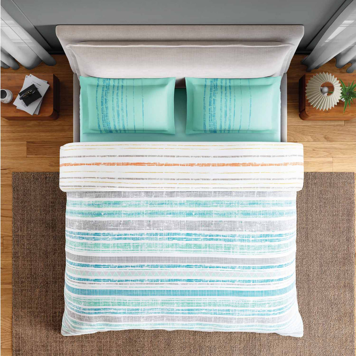 Spaces Fiora 100% Cotton 144 TC Percale Geometric Double Bedsheet with 2 Pillow Covers - 228 x 274 cm, Aqua