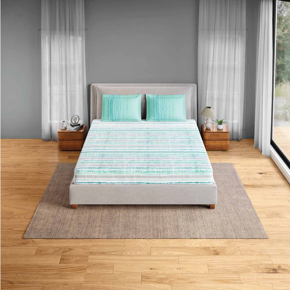 Spaces Fiora 100% Cotton 144 TC Percale Geometric Double Bedsheet with 2 Pillow Covers - 228 x 274 cm, Aqua