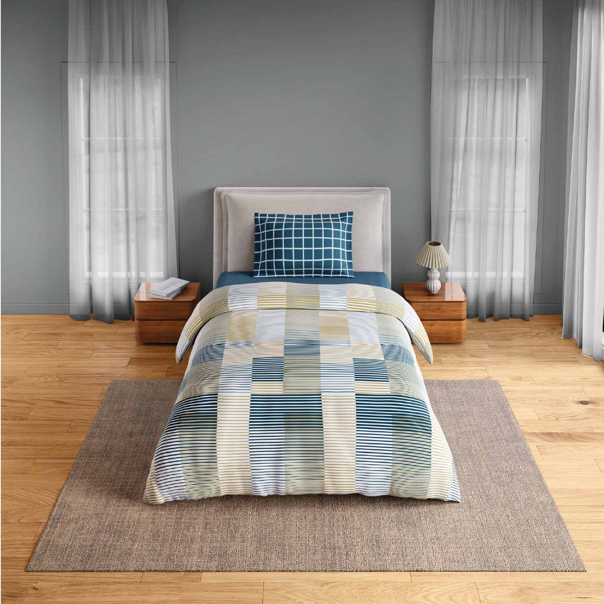 Spaces Fiora 100% Cotton 144 TC Percale Geometric Single Bedsheet with 1 Pillow Cover - 152 x 224 cm, Light Yellow