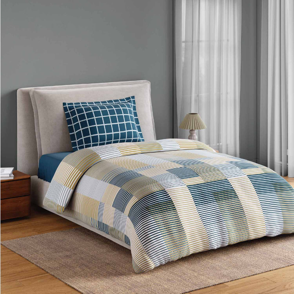 Spaces Fiora 100% Cotton 144 TC Percale Geometric Single Bedsheet with 1 Pillow Cover - 152 x 224 cm, Light Yellow