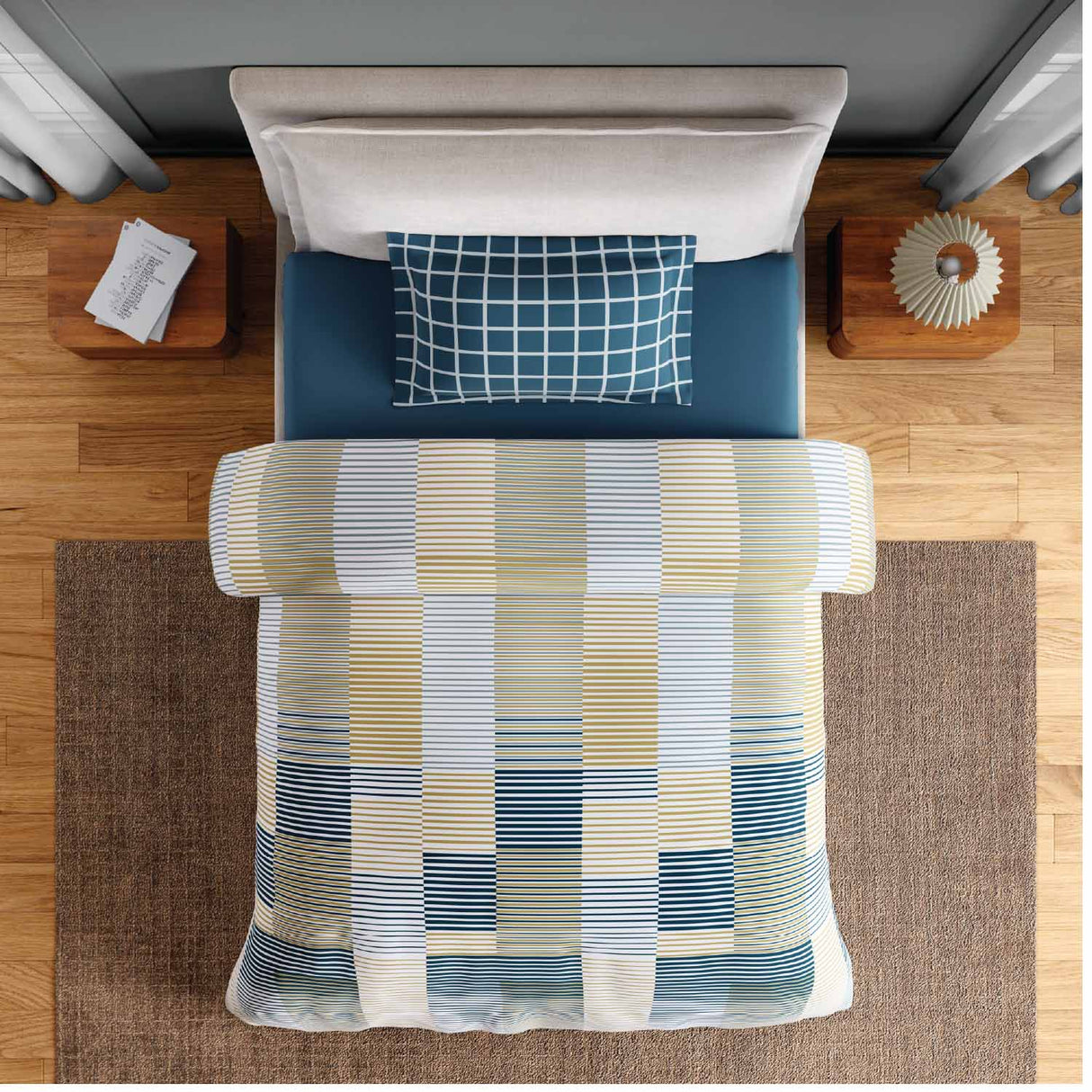 Spaces Fiora 100% Cotton 144 TC Percale Geometric Single Bedsheet with 1 Pillow Cover - 152 x 224 cm, Light Yellow