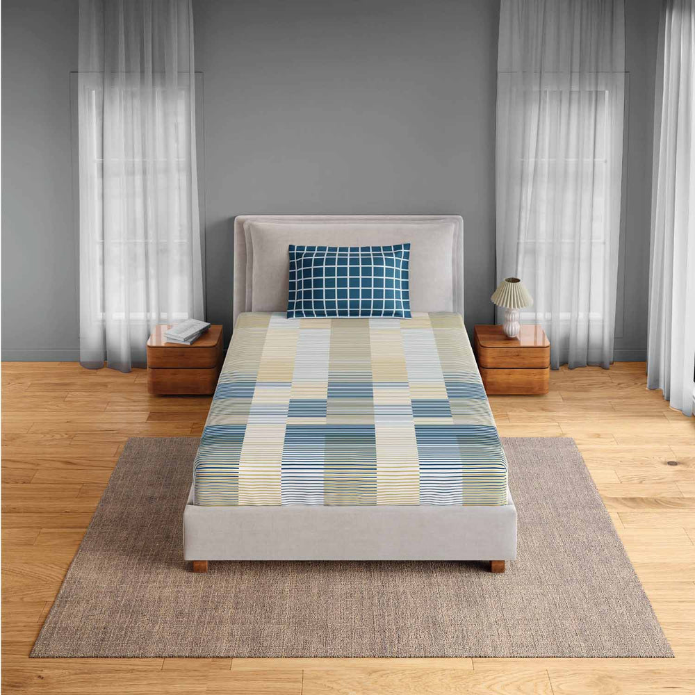 Spaces Fiora 100% Cotton 144 TC Percale Geometric Single Bedsheet with 1 Pillow Cover - 152 x 224 cm, Light Yellow