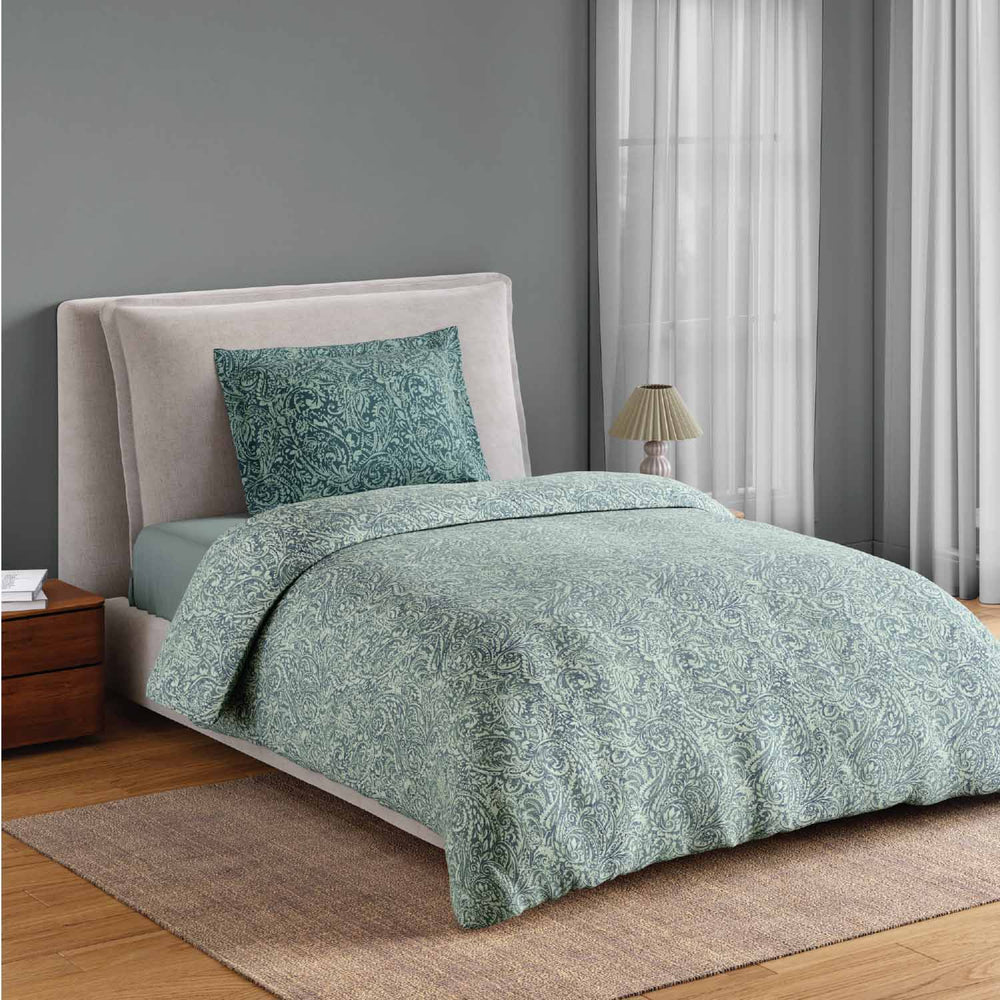 Spaces Fiora 100% Cotton 144 TC Percale Fioral Single Bedsheet with 1 Pillow Cover - 152 x 224 cm, Light Green