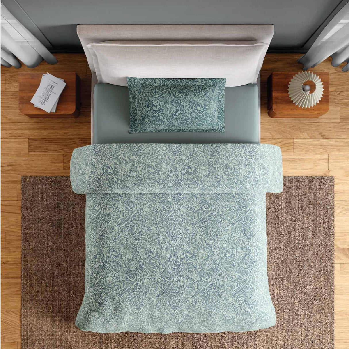 Spaces Fiora 100% Cotton 144 TC Percale Fioral Single Bedsheet with 1 Pillow Cover - 152 x 224 cm, Light Green