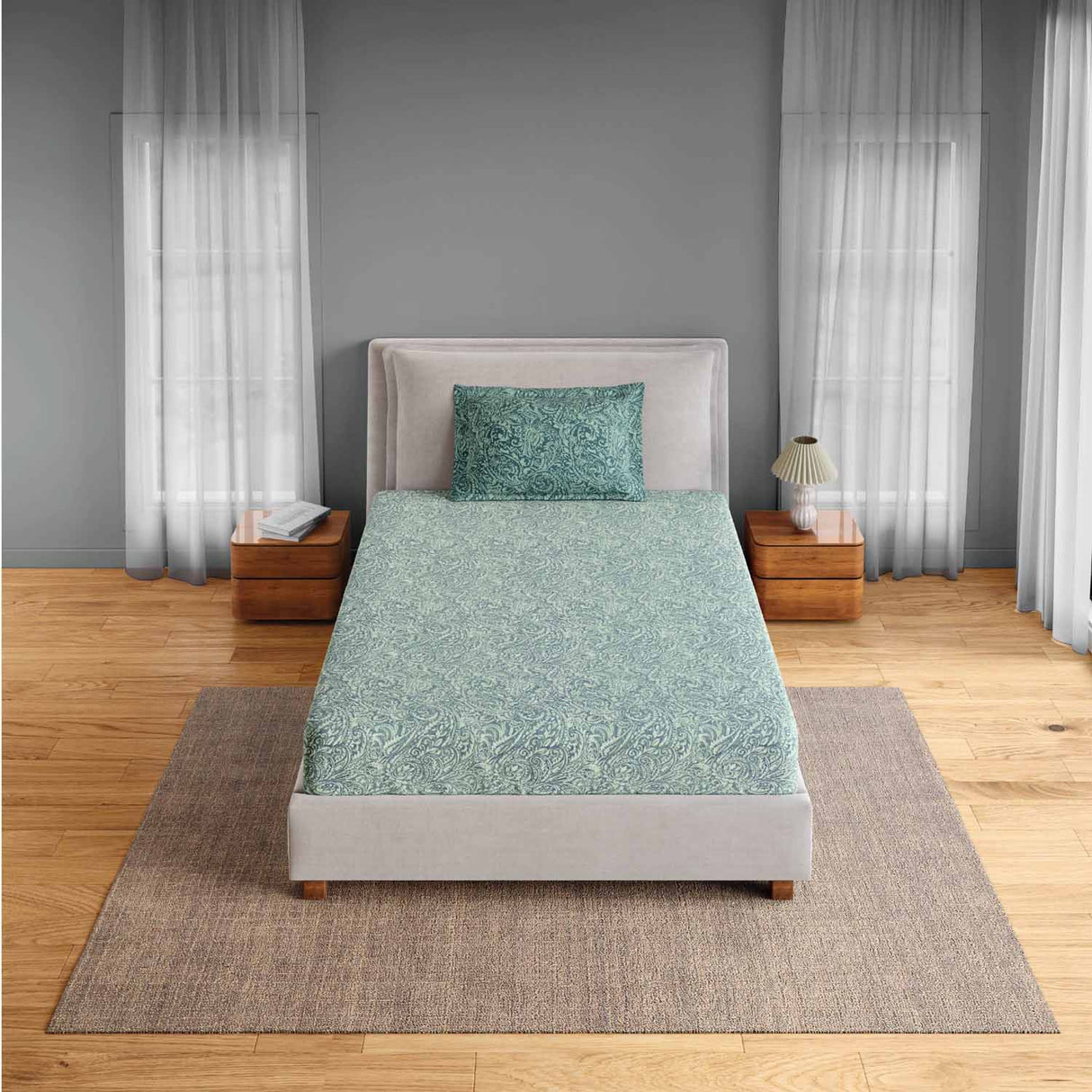 Spaces Fiora 100% Cotton 144 TC Percale Fioral Single Bedsheet with 1 Pillow Cover - 152 x 224 cm, Light Green