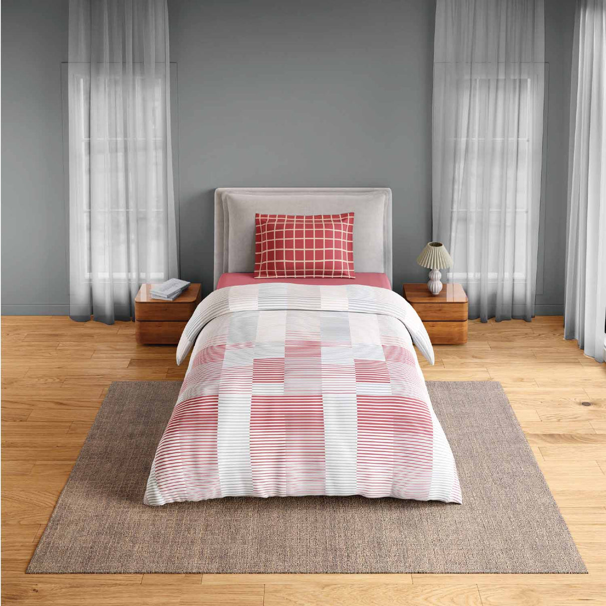 Spaces Fiora 100% Cotton 144 TC Percale Geometric Single Bedsheet with 1 Pillow Cover - 152 x 224 cm, Dark Pink