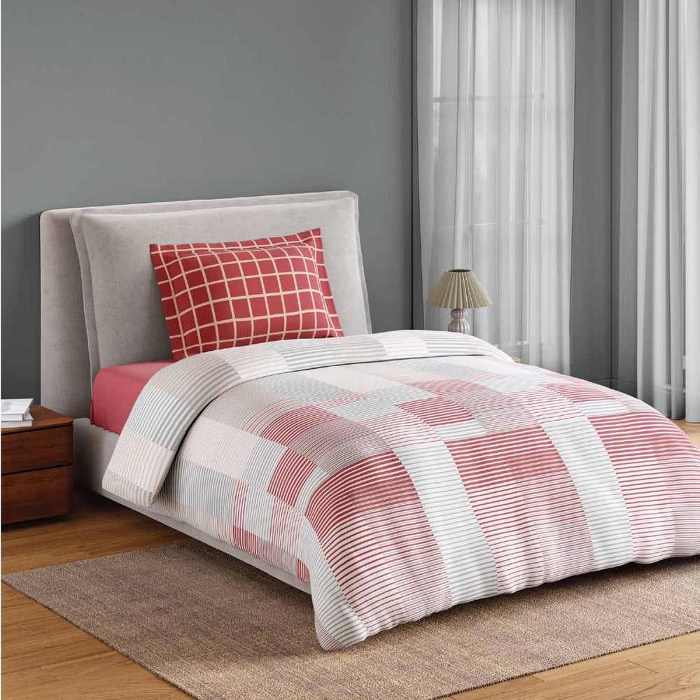 Spaces Fiora 100% Cotton 144 TC Percale Geometric Single Bedsheet with 1 Pillow Cover - 152 x 224 cm, Dark Pink