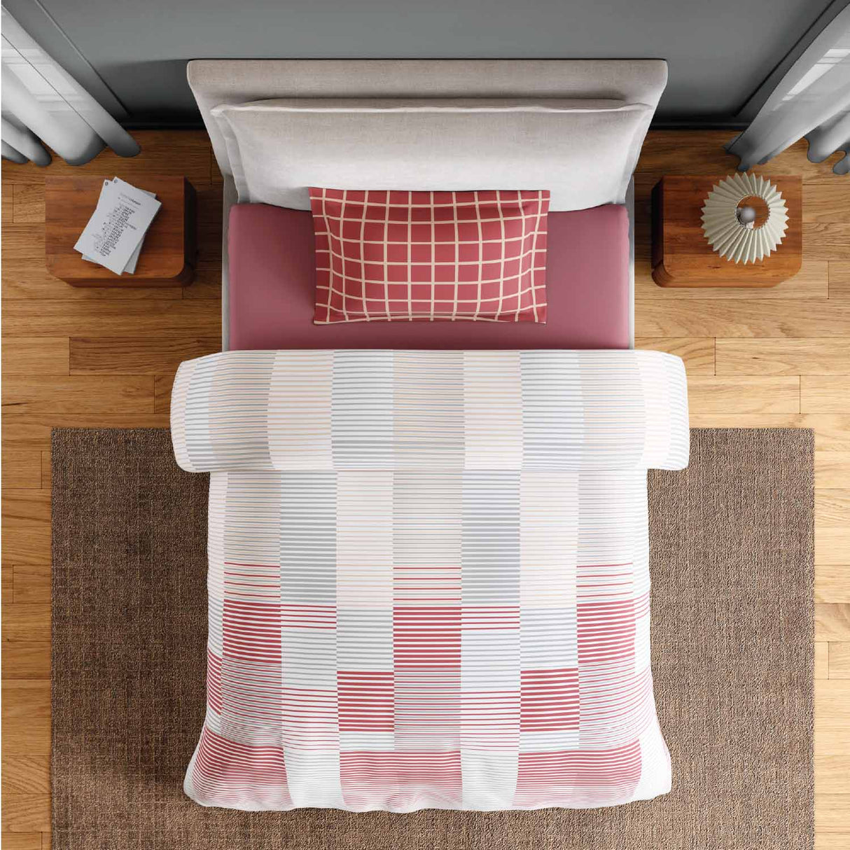 Spaces Fiora 100% Cotton 144 TC Percale Geometric Single Bedsheet with 1 Pillow Cover - 152 x 224 cm, Dark Pink