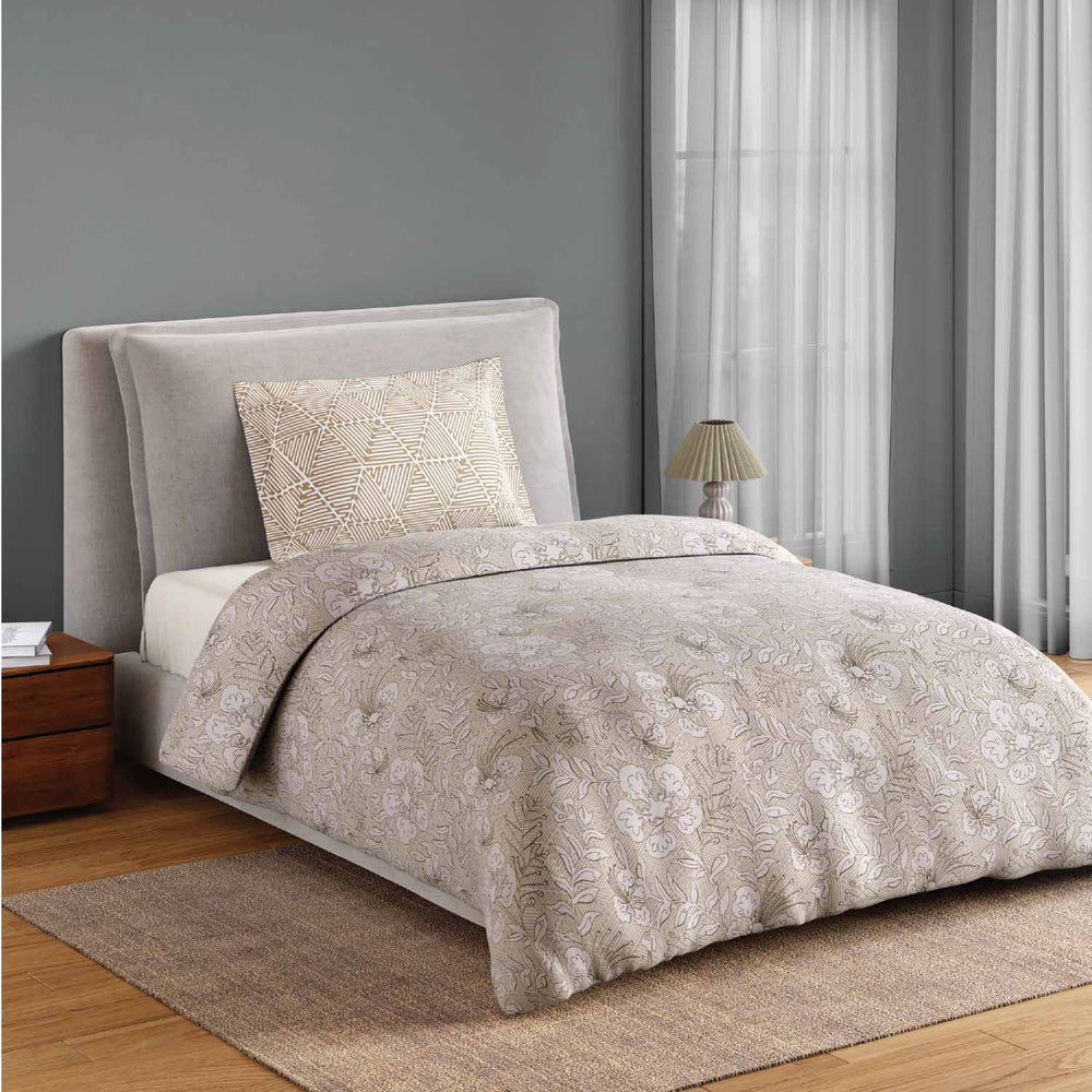 Spaces Fiora 100% Cotton 144 TC Percale Fioral Single Bedsheet with 1 Pillow Cover - 152 x 224 cm, Beige