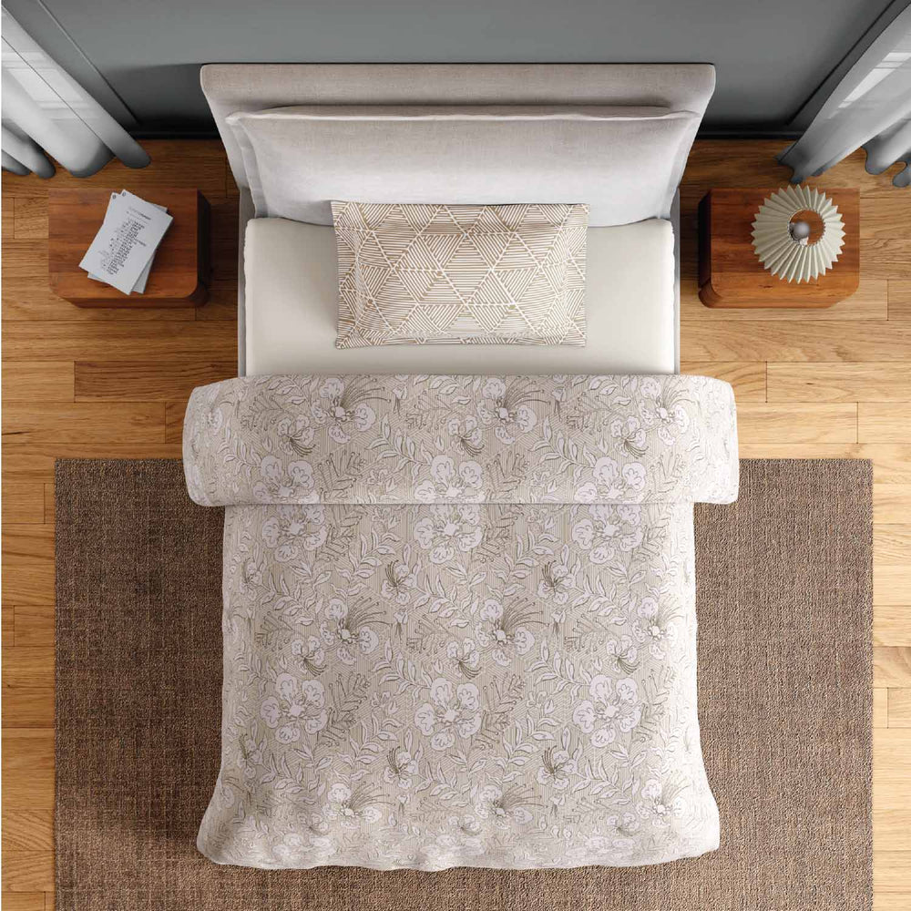 Spaces Fiora 100% Cotton 144 TC Percale Fioral Single Bedsheet with 1 Pillow Cover - 152 x 224 cm, Beige