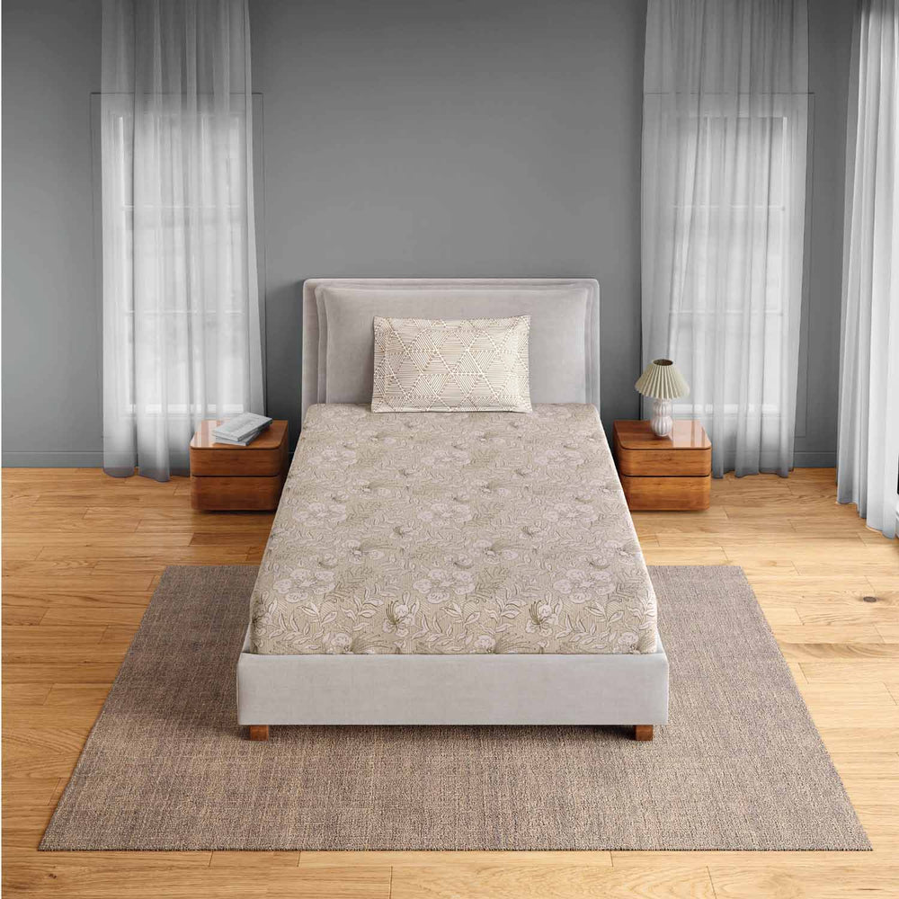 Spaces Fiora 100% Cotton 144 TC Percale Fioral Single Bedsheet with 1 Pillow Cover - 152 x 224 cm, Beige