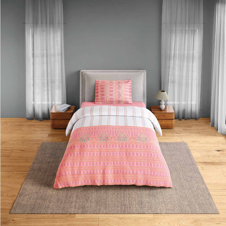 Spaces Fiora 100% Cotton 144 TC Percale Ornate Single Bedsheet with 1 Pillow Cover - 152 x 224 cm, Pink