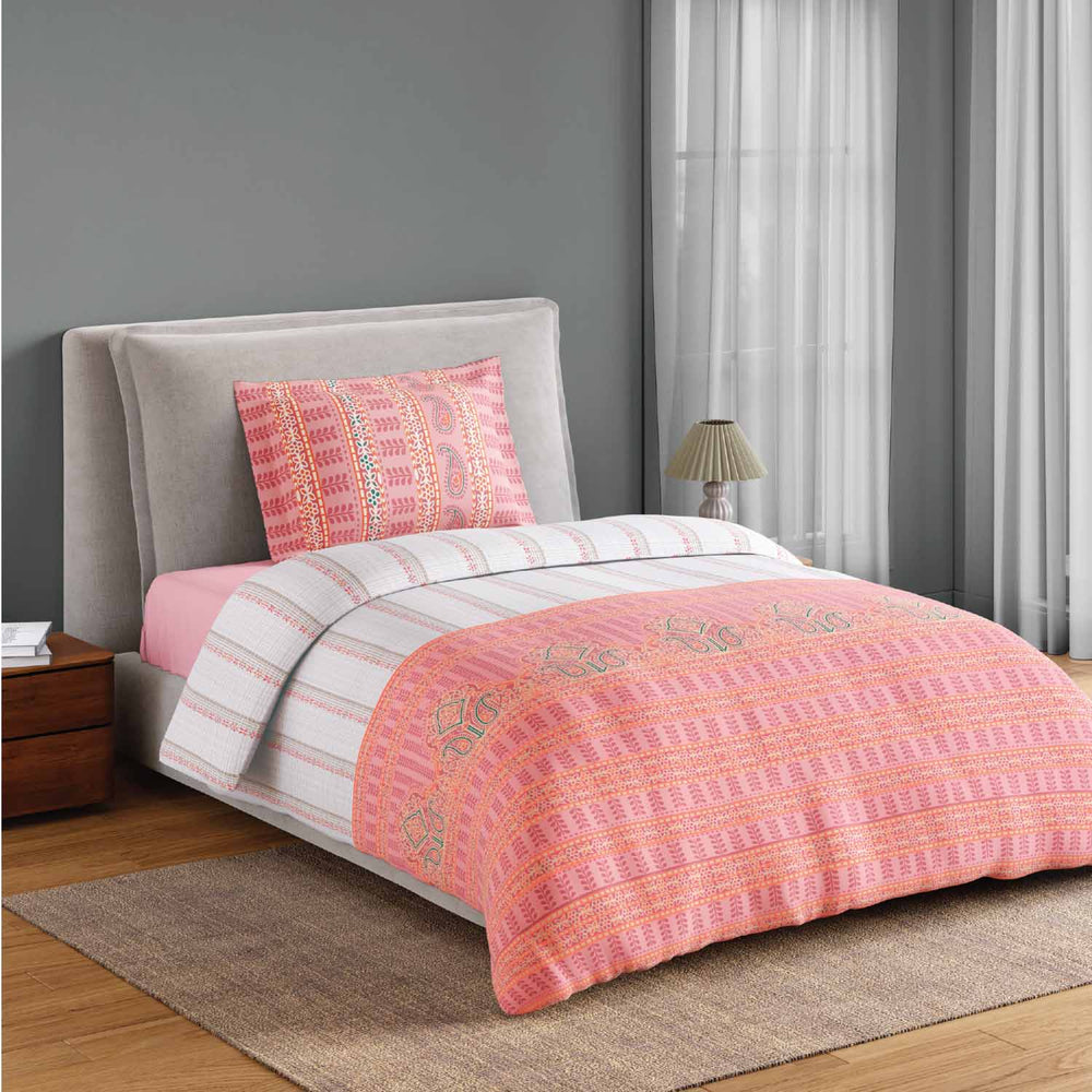Spaces Fiora 100% Cotton 144 TC Percale Ornate Single Bedsheet with 1 Pillow Cover - 152 x 224 cm, Pink
