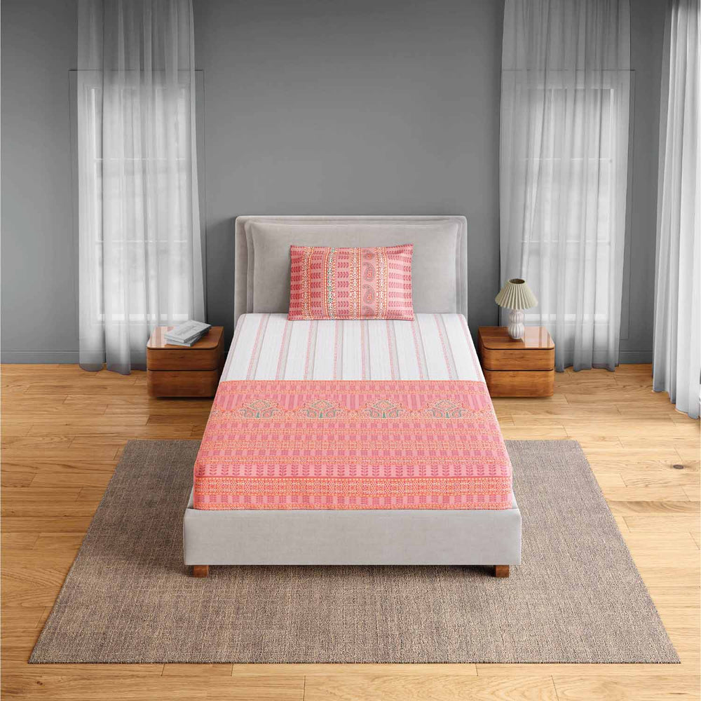 Spaces Fiora 100% Cotton 144 TC Percale Ornate Single Bedsheet with 1 Pillow Cover - 152 x 224 cm, Pink
