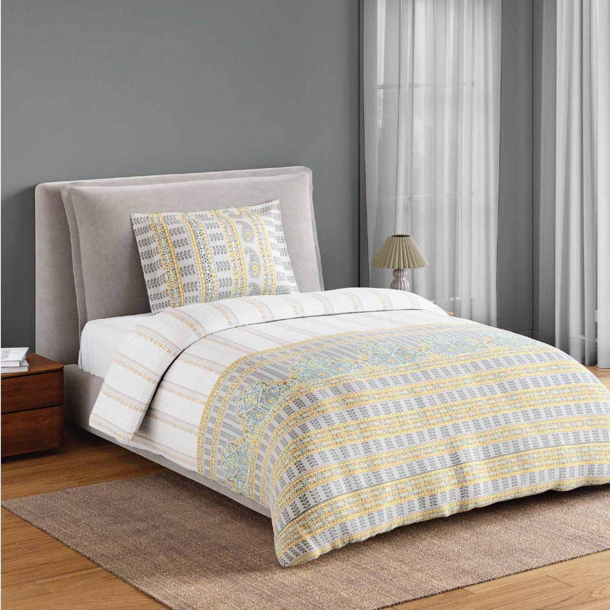 Spaces Fiora 100% Cotton 144 TC Percale Ornate Single Bedsheet with 1 Pillow Cover - 152 x 224 cm, Light Grey