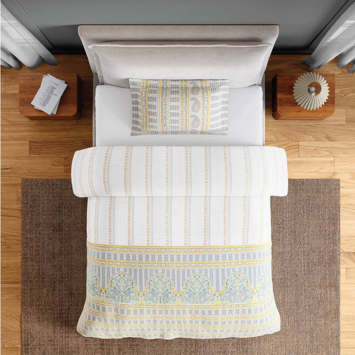 Spaces Fiora 100% Cotton 144 TC Percale Ornate Single Bedsheet with 1 Pillow Cover - 152 x 224 cm, Light Grey