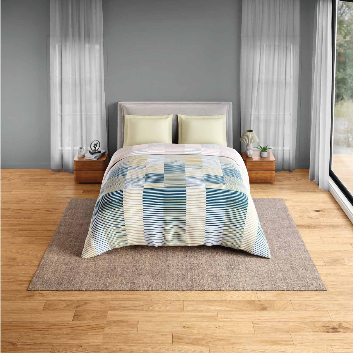 Spaces Fiora 100% Cotton 144 TC Geometric Double Quilt - 88 x 106 Inches, Light Yellow