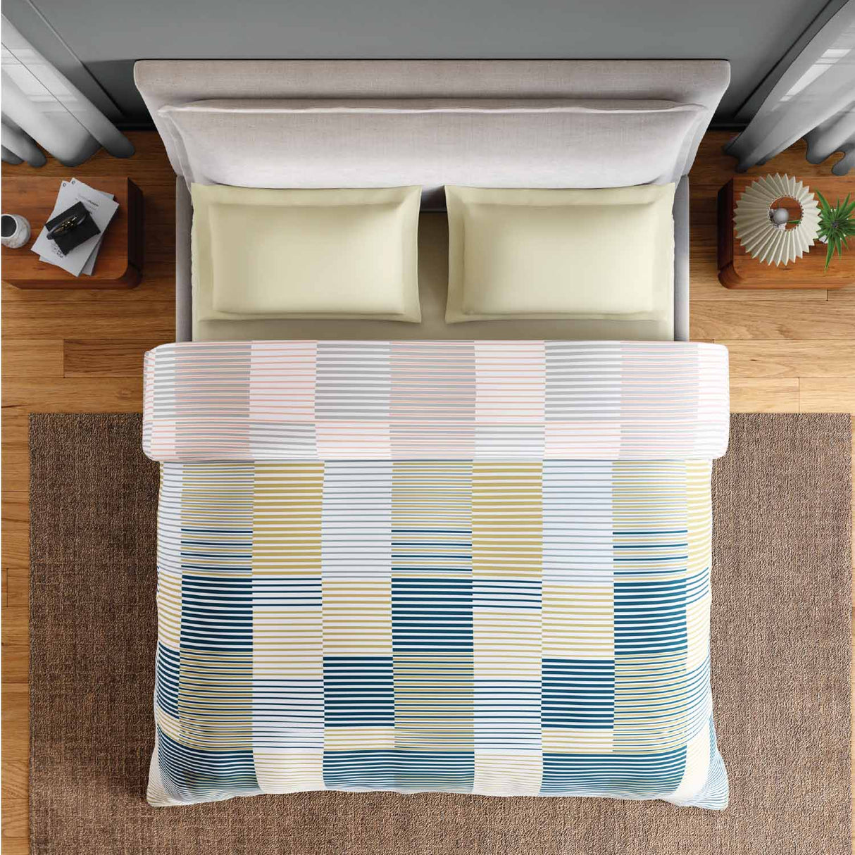 Spaces Fiora 100% Cotton 144 TC Geometric Double Quilt - 88 x 106 Inches, Light Yellow