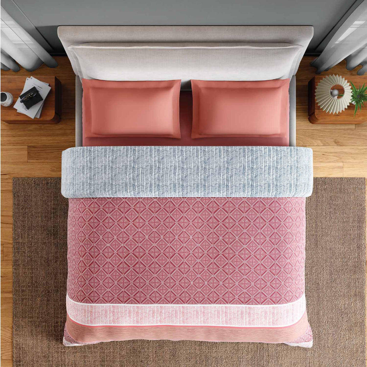 Spaces Fiora 100% Cotton 144 TC Geometric Double Quilt - 88 x 106 Inches, Dark Red