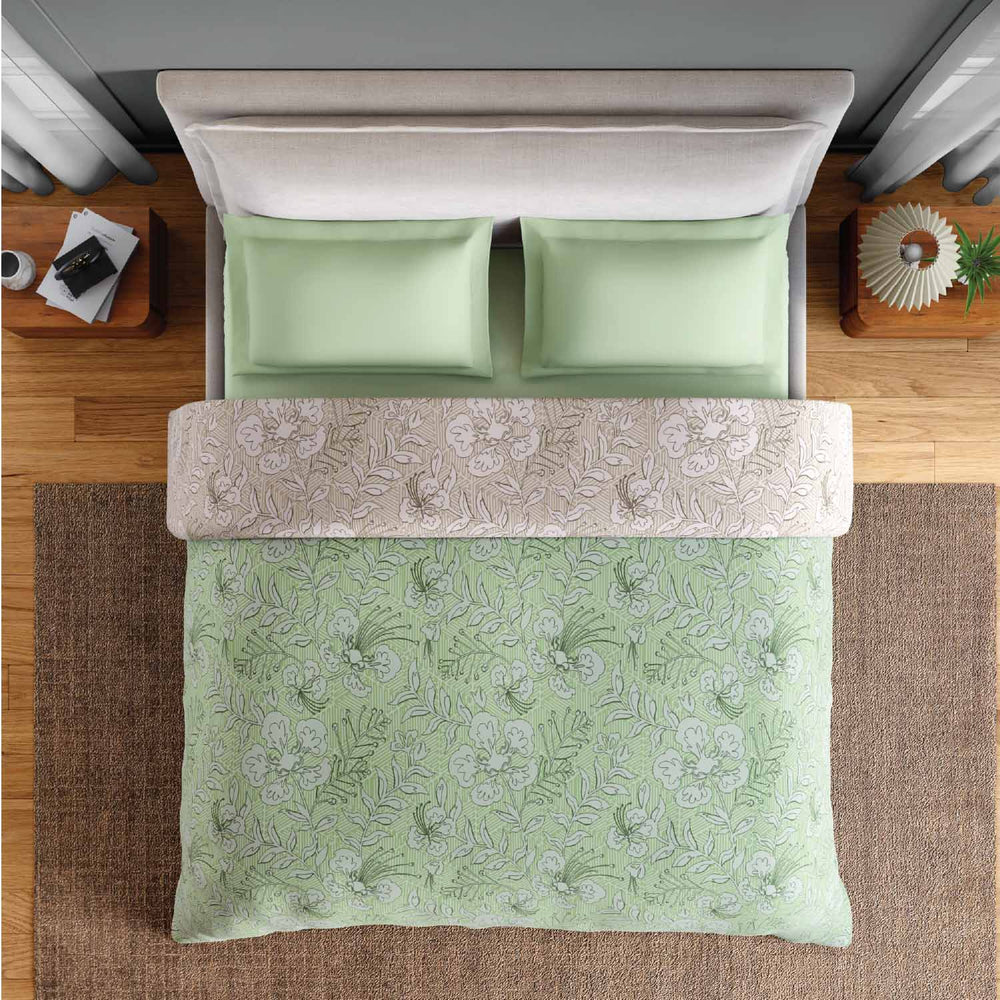 Spaces Fiora 100% Cotton 144 TC Floral Double Quilt - 88 x 106 Inches, Light Green