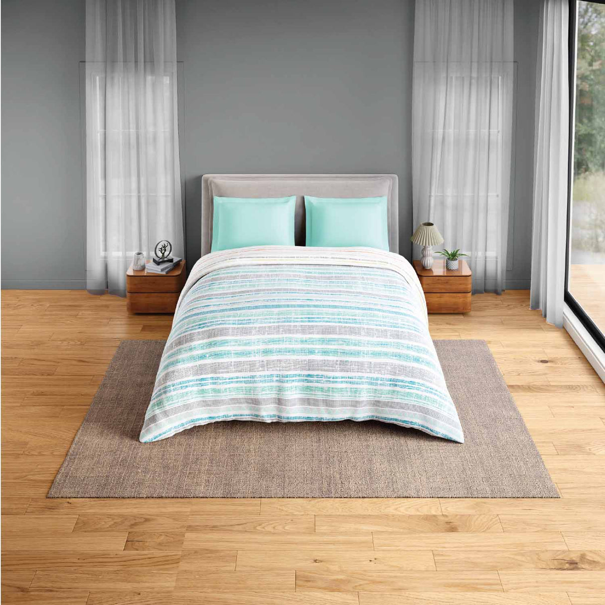 Spaces Fiora 100% Cotton 144 TC Geometric Double Quilt - 88 x 106 Inches, Aqua