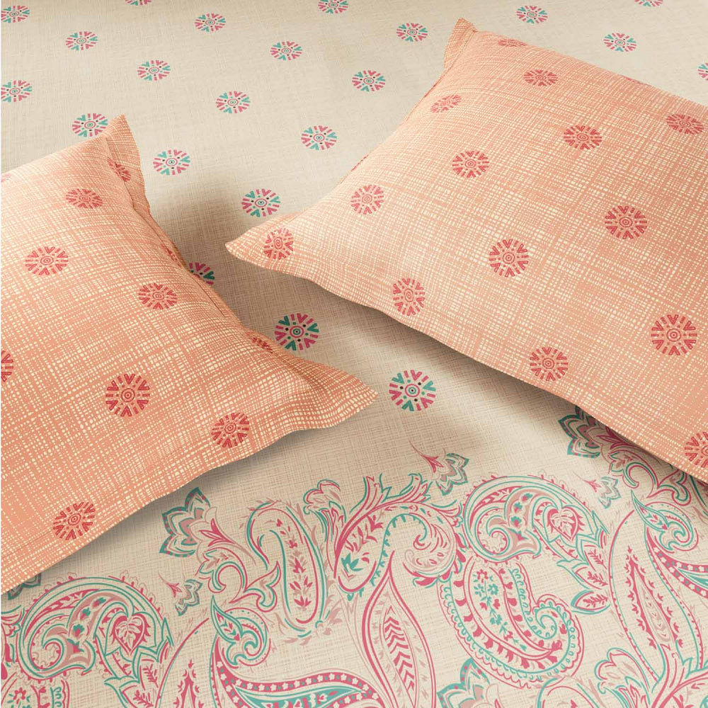 Spaces Fiora 100% Cotton 144 TC Ornate Fitted King Bedsheet with 2 Pillow Covers - 72 x 78 Inches, Light Yellow