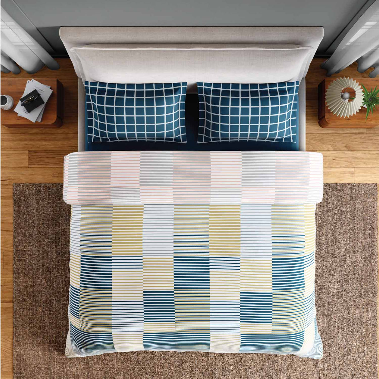 Spaces Fiora 100% Cotton 144 TC Geometric Fitted Queen Bedsheet with 2 Pillow Covers - 60 x 78 Inches, Light Yellow
