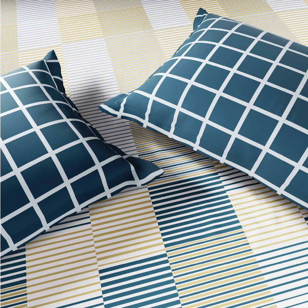 Spaces Fiora 100% Cotton 144 TC Geometric Fitted Queen Bedsheet with 2 Pillow Covers - 60 x 78 Inches, Light Yellow