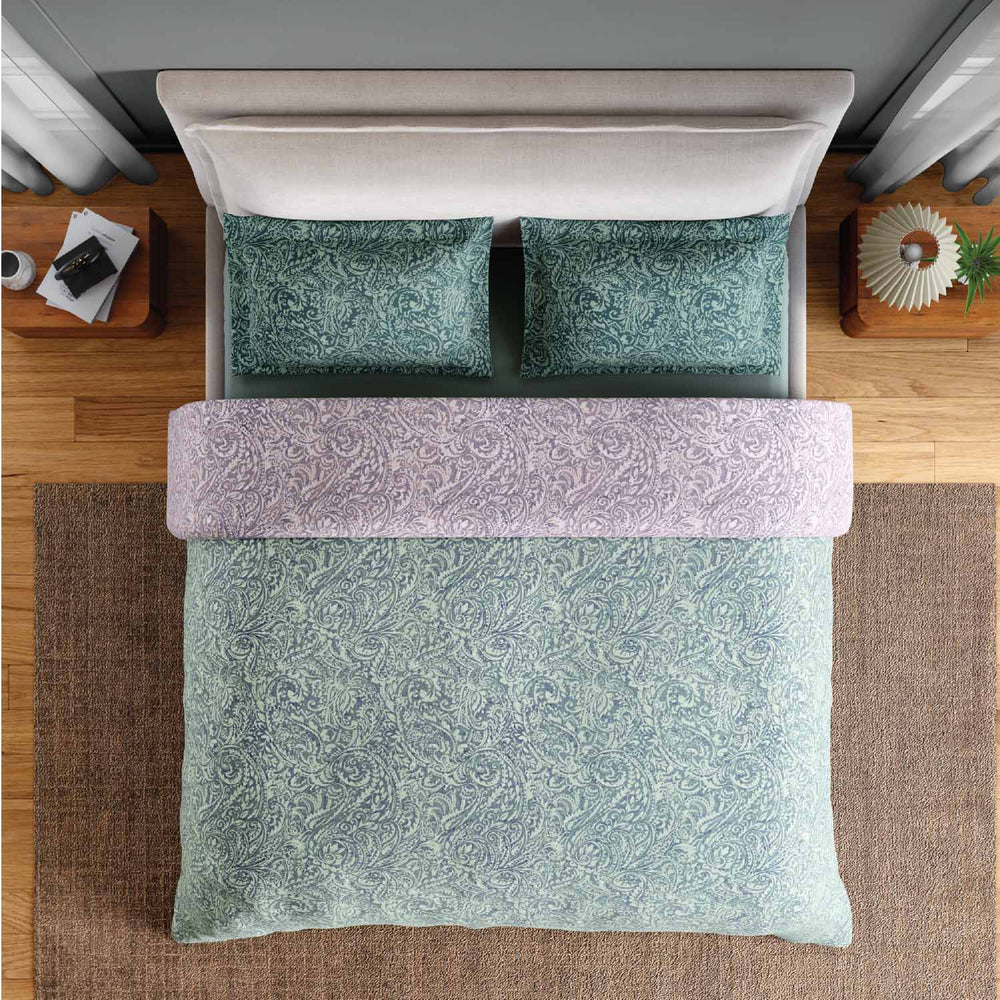 Spaces Fiora 100% Cotton 144 TC Floral Fitted Queen Bedsheet with 2 Pillow Covers - 60 x 78 Inches, Light Green