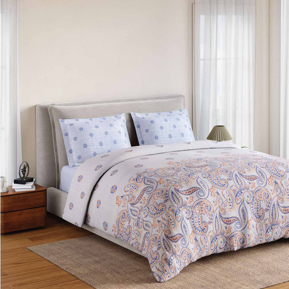 Spaces Fiora 100% Cotton 144 TC Ornate Fitted Queen Bedsheet with 2 Pillow Covers - 60 x 78 Inches, Orange