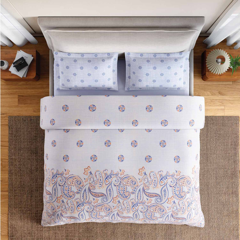 Spaces Fiora 100% Cotton 144 TC Ornate Fitted Queen Bedsheet with 2 Pillow Covers - 60 x 78 Inches, Orange