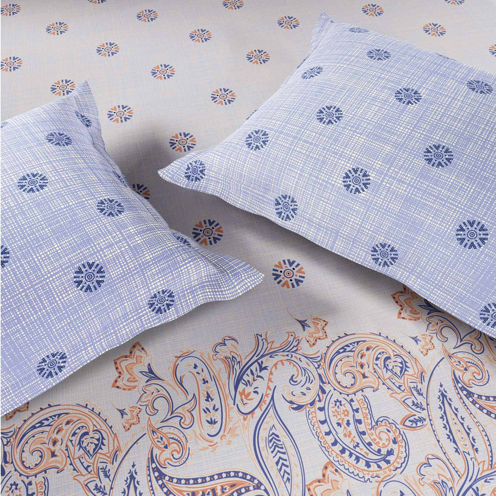 Spaces Fiora 100% Cotton 144 TC Ornate Fitted Queen Bedsheet with 2 Pillow Covers - 60 x 78 Inches, Orange